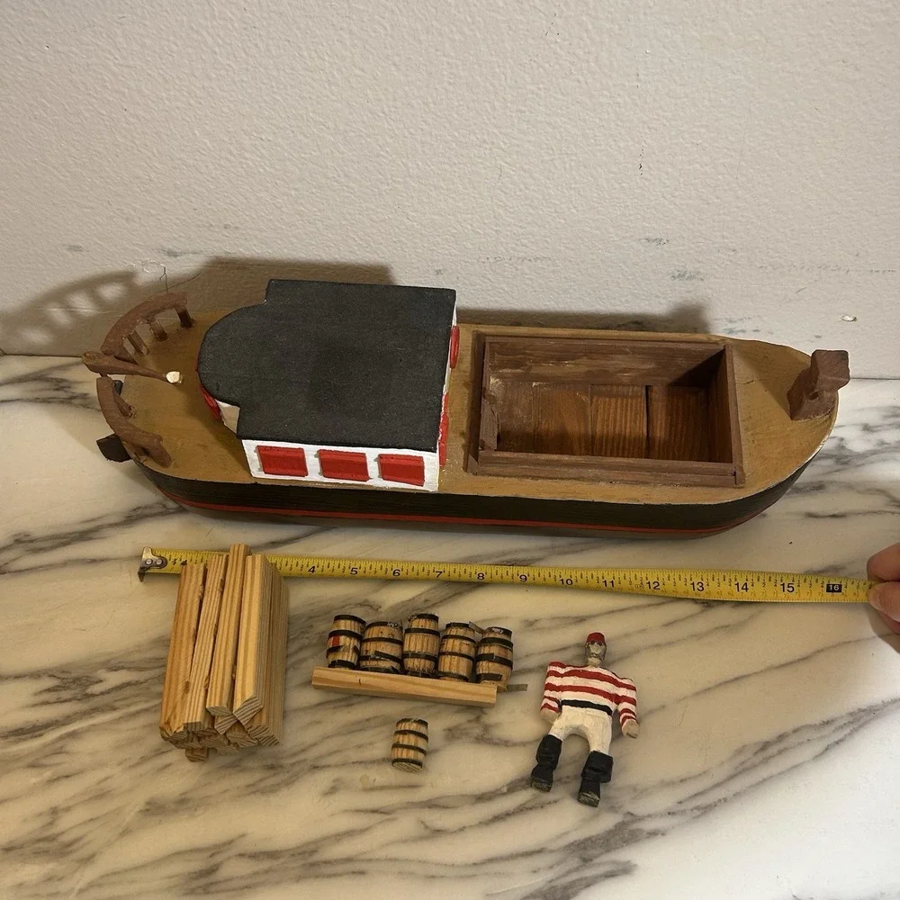 Handmade Vintage Freight Cargo Ship Boat Wooden‎ Toy W' Barrels Logs 15x5
